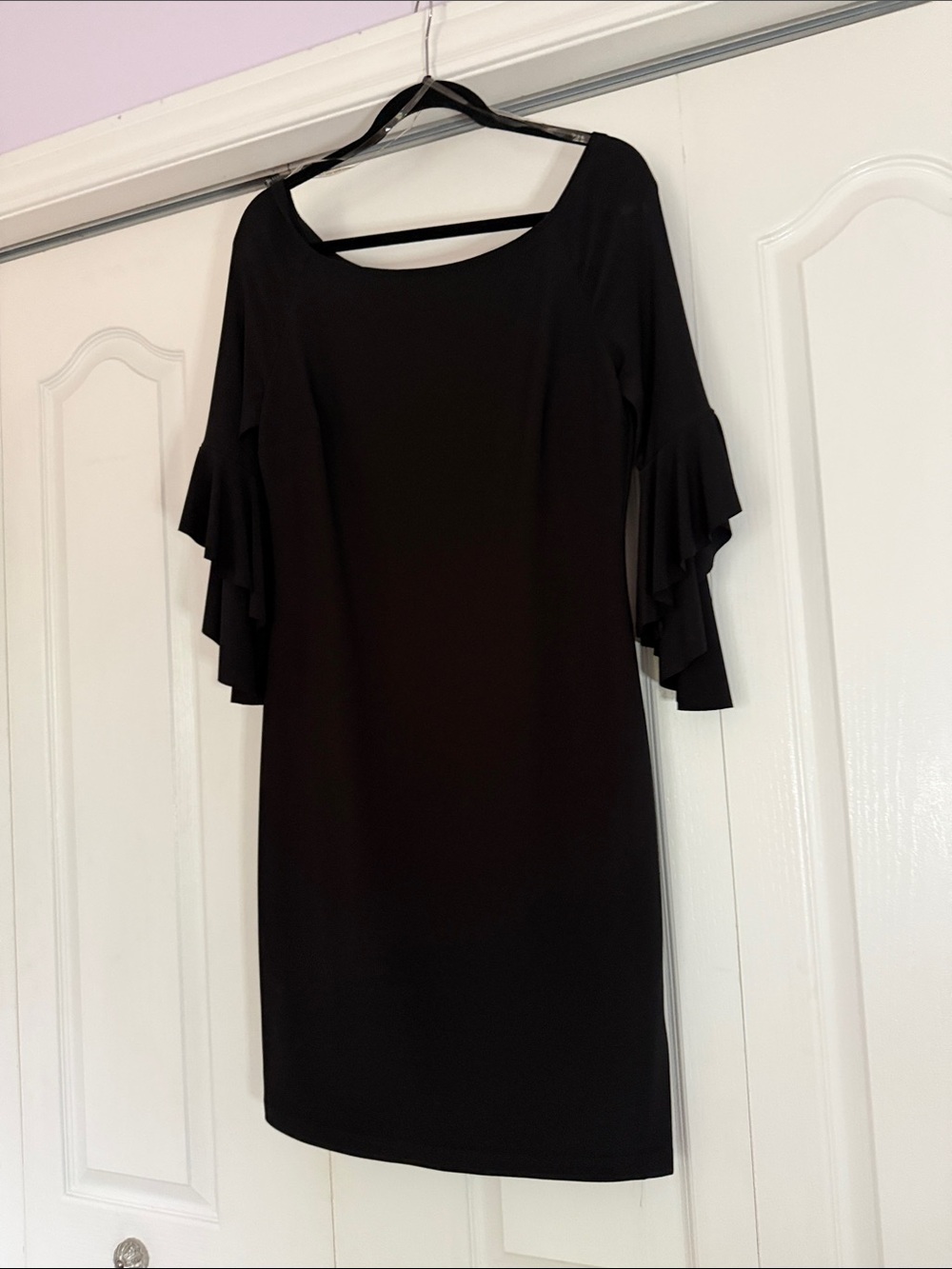 Frank Lyman Design Black Midi Dress with Tiered Ruffle Sleeves